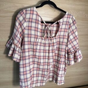 Promesa Plaid Ruffle Bell Sleeve Tie Back Blouse Pink Purple Small